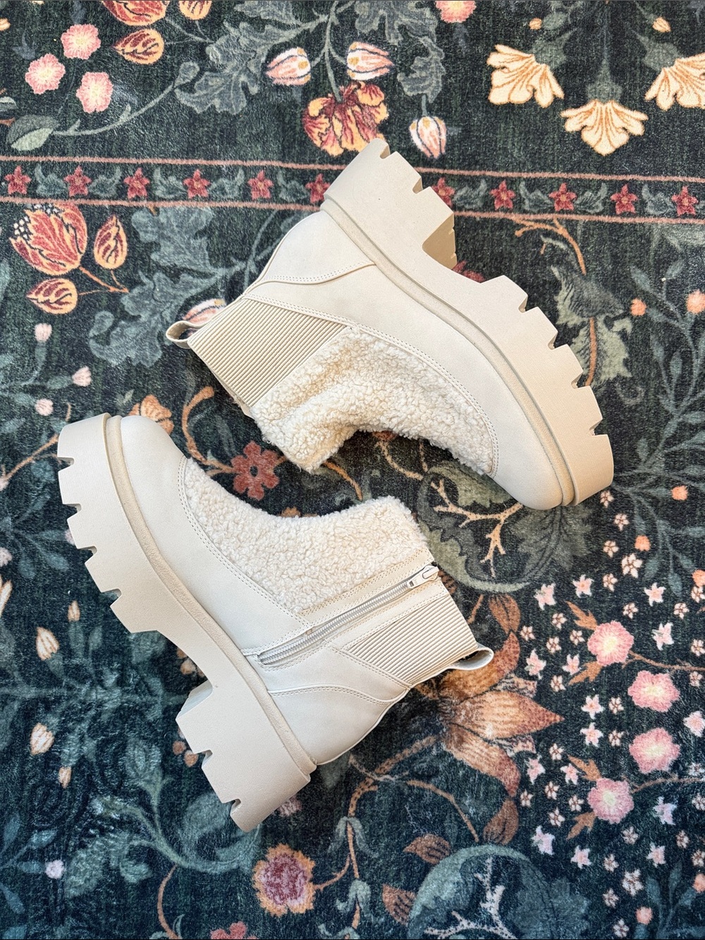 Neutral Cream Women's Lug-Sole Sherpa Ankle Boots